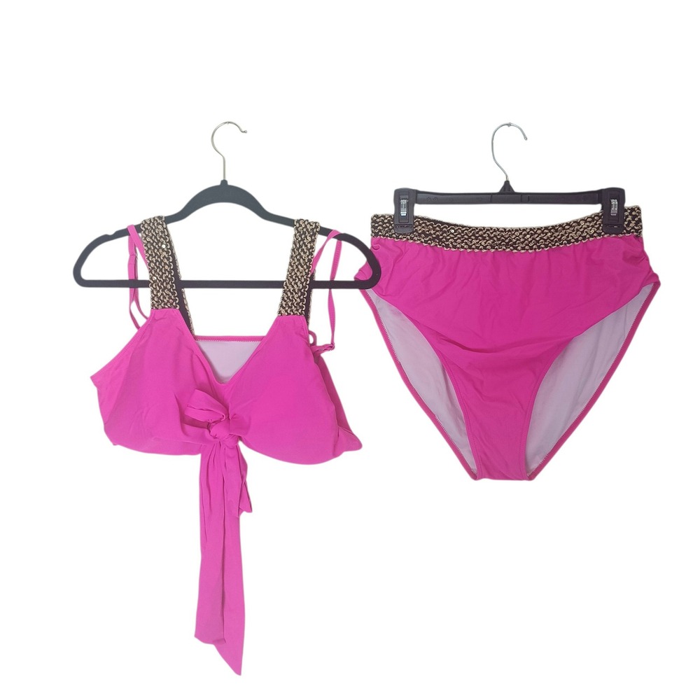 EOMENIE Bikini Set Women 2XL Hot Pink Sequin High Waisted Front Tie Swimsuit